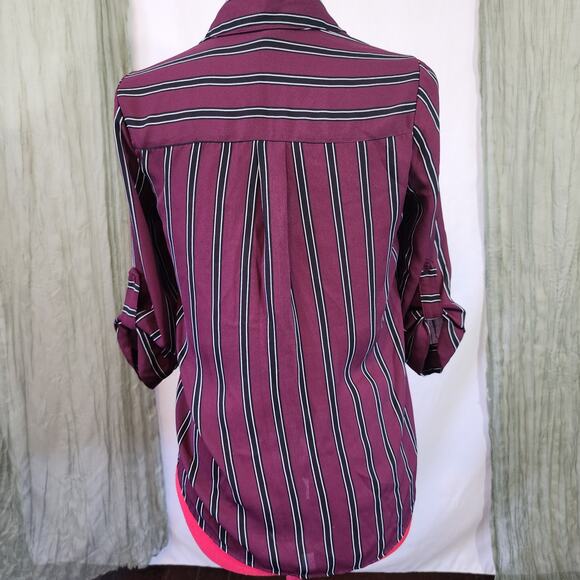 By & By Maroon and Black Striped Button up Roll Tab Sleeves Size XS - Picture 4 of 6